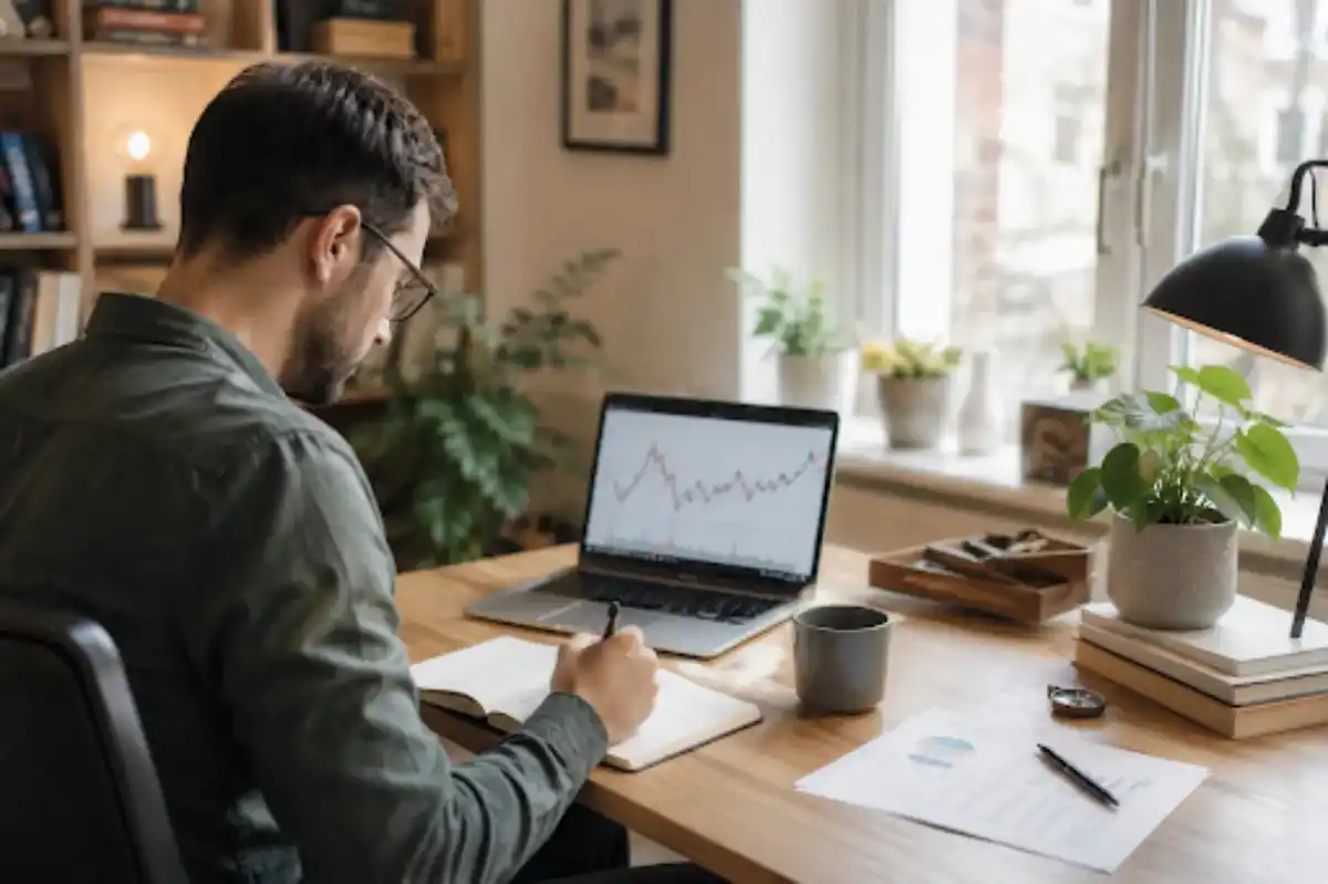 Belegger analyseert tradingresultaten en risico in een rustig kantoor.